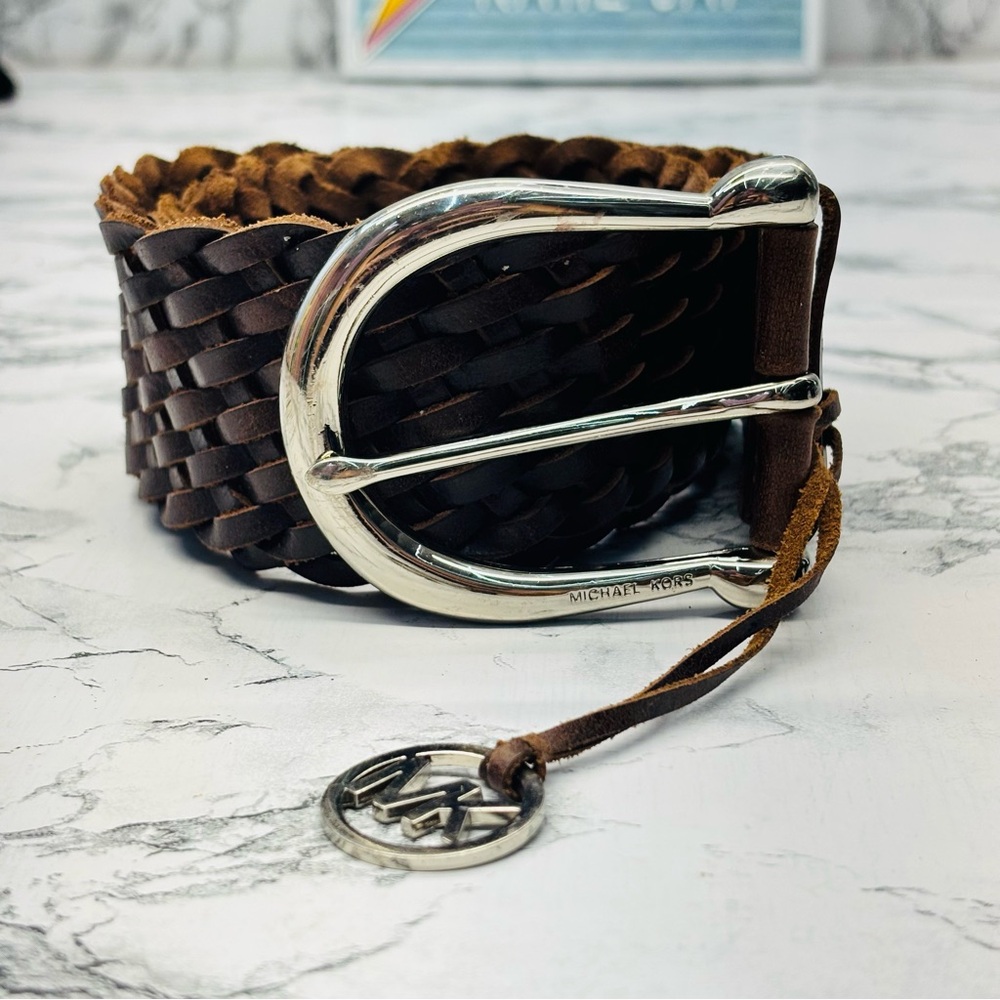 Michael Kors Dark Brown Festival Bohemian Leather Belt with Silver Buckle
